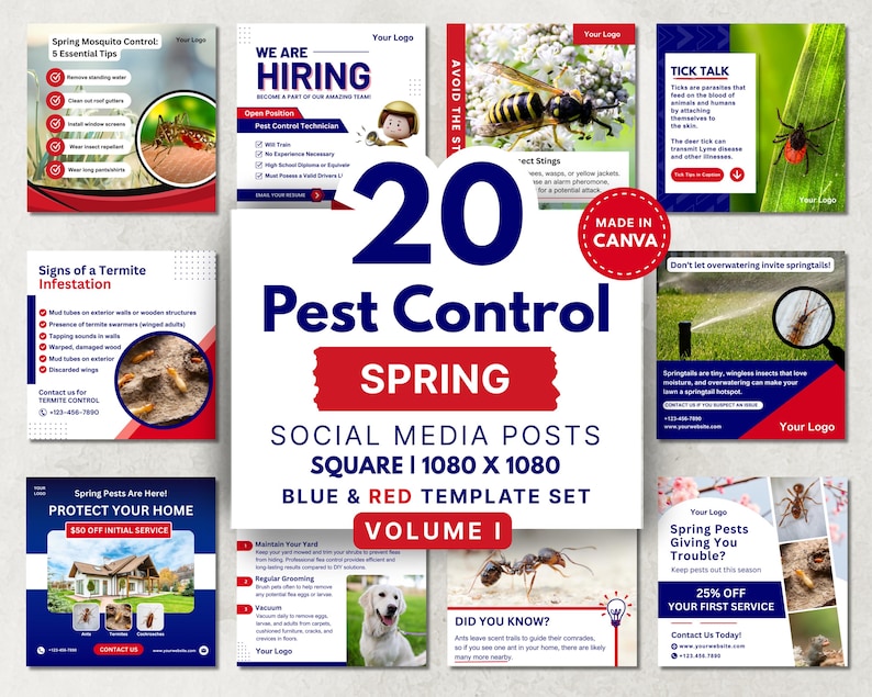 Spring pest control social media templates Volume I blue and red Canva template set for pest control companies square Instagram posts mosquito tick hiring seasonal marketing graphics