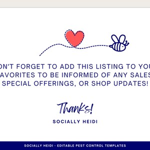 Thank you note with cute flying honey bee and red heart asking to save my shop listing for updates to products and sales.