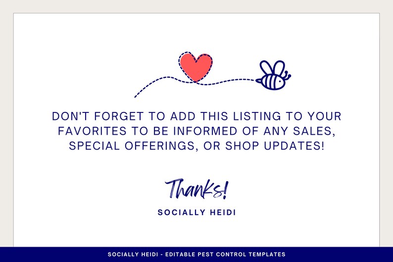 Thank you note with cute flying honey bee and red heart asking to save my shop listing for updates to products and sales.