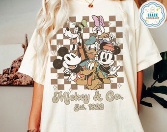 Vintage Disney Mickey & Co Est 1928 Checkered Shirt, Retro Mickey and Friends Team Group Shirt, WDW Disneyland Trip, Family Vacation 2024