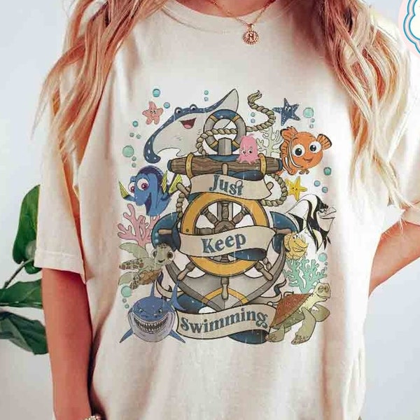 Vintage Disney Pixar Finding Nemo Just Keep Swimming Shirt, Finding Dory Shirt, Disney Cruise Shirt, WDW Disneyland Family Vacation 2024 Tee
