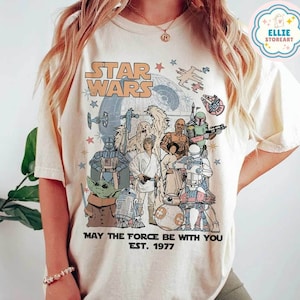Vintage Disney Star Wars May the Force be with you Est 1977 Shirt, Galaxy's Edge Star Wars Characters Group Shirt, WDW Disneyland Family Tee