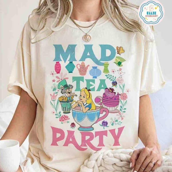 Vintage Mad Tea Party Disney Alice in Wonderland Shirt, Floral Alice Mad Hatter Cheshire Cat Family Shirt, WDW Disneyland Girl Trip Matching