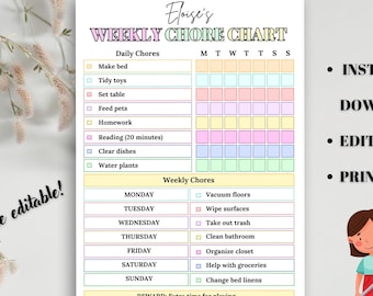 Editable Weekly Chore Chart for Kids, daily routine chart for kids , Weekly Responsibility Chart, Printable checklist, Chore Chart Template