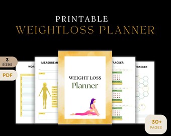 May include: Printable weight loss planner with 30+ pages. The planner includes sections for tracking measurements, workouts, and progress. The cover features a watercolor background with a woman in a yoga pose.