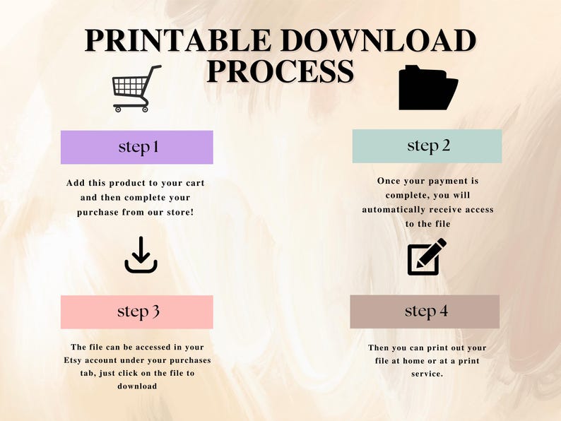 May include: A four-step printable download process is illustrated with icons. Step 1: Add to cart. Step 2: Payment complete. Step 3: Access file. Step 4: Print.