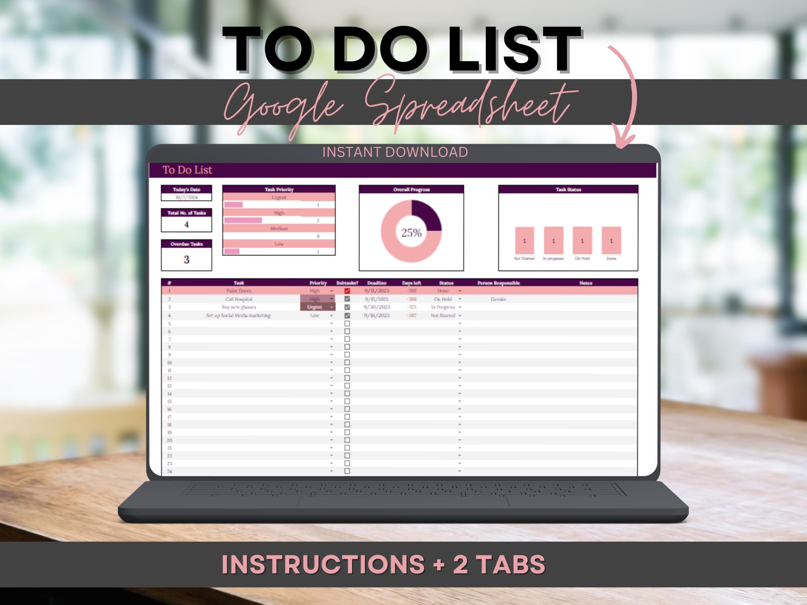 To Do List Tracker Task Planner Google Sheets, Productivity Organizer, Weekly & Daily Task Tracker, Priority Matrix To-Do, Daily Checklist