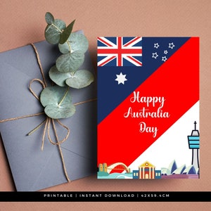 Tarjeta imprimible del Día de Australia Tarjeta de felicitación australiana Cartel de celebración del Día de la Independencia Diseño festivo australiano Tarjeta de felicitación australiana