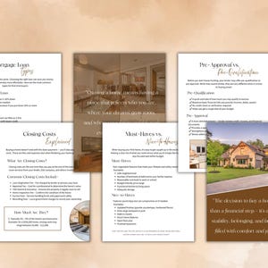 May include: A collection of informational documents about home buying, including mortgage types, closing costs, and pre-approval. The documents feature text and images, with a warm, neutral color palette.