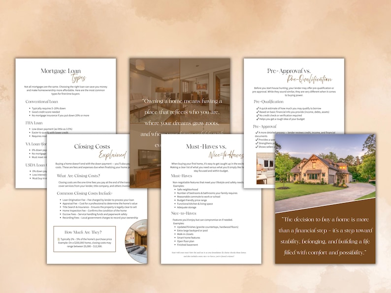 May include: A collection of informational documents about home buying, including mortgage types, closing costs, and pre-approval. The documents feature text and images, with a warm, neutral color palette.