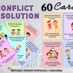 A teacher using the conflict resolution flashcards in a classroom setting, engaging students in a group discussion about problem-solving strategies