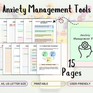 May include: Printable anxiety management tools with 15 pages. The pages are color-coded and include techniques like 5-4-3-2-1 coping and 4-7-8 breathing. The tools are user-friendly and designed for A4, A5, and US letter size paper.