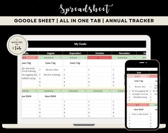 May include: A digital annual goal planner spreadsheet displayed on a laptop and a smartphone. The spreadsheet includes sections for tracking goals, with the text "ANNUAL GOAL PLANNER Spreadsheet" at the top. The planner is designed for Google Sheets.