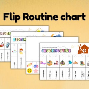 May include: A set of white rectangular flip routine charts with black text and colourful icons. The charts feature headings like Morning, Bedtime, and Chore Routine, with columns for tasks such as wake up, brush teeth, and make bed, each including a checkbox.
