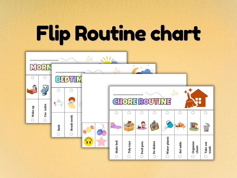 May include: A set of white rectangular flip routine charts with black text and colourful icons. The charts feature headings like Morning, Bedtime, and Chore Routine, with columns for tasks such as wake up, brush teeth, and make bed, each including a checkbox.