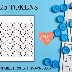 May include: Printable sheet of 25 self-care tokens with the words "Self Care" written in pink on a pink heart. The tokens are white with a black border and pink text that says "Self Care".
