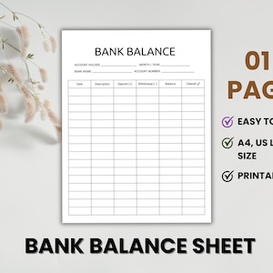 Puede incluir: Una hoja de balance bancario blanca con una cuadrícula para registrar transacciones financieras. La hoja incluye campos para el titular de la cuenta, el nombre del banco y el número de cuenta. El texto en la hoja dice "BANK BALANCE" y "BANK BALANCE SHEET".