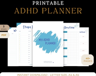 Puede incluir: Planificador de TDAH imprimible con un diseño azul y blanco. El planificador incluye secciones para pasos, rutinas y un calendario mensual. El texto "My ADHD Planner" aparece en la portada.