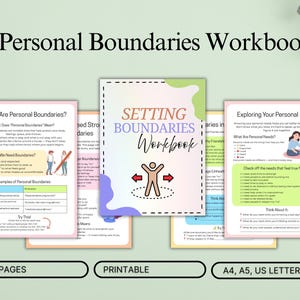 May include: A workbook titled "Personal Boundaries Workbook" with the text "Setting Boundaries Workbook" on the cover. The pages include information on personal boundaries, examples, and exploring personal needs. The workbook is available in A4, A5, and US Letter sizes.