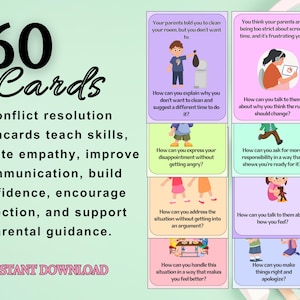A close-up view of a single flashcard showing a scenario with a simple conflict and a resolution step. Bright illustrations and kid-friendly text make it engaging for children.