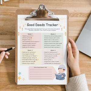 May include: A printable good deeds tracker for kids with a checklist of good deeds to do each week. The tracker is decorated with stars and lanterns. The text on the tracker says "Good Deeds Tracker" and "Every good deed brings blessings. Track your kind actions throughout Ramadan. Check or color each one as you complete it."