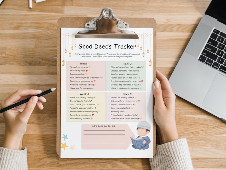 May include: A printable good deeds tracker for kids with a checklist of good deeds to do each week. The tracker is decorated with stars and lanterns. The text on the tracker says "Good Deeds Tracker" and "Every good deed brings blessings. Track your kind actions throughout Ramadan. Check or color each one as you complete it."