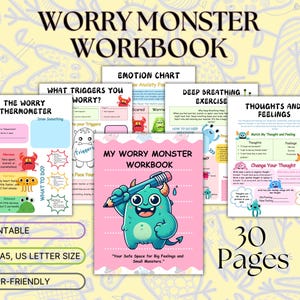 The Worry Monster: Anxiety Workbook for Kids, CBT Worksheets, Coping Skills, School Counseling, Therapy Tools, and Calming Corner Activities