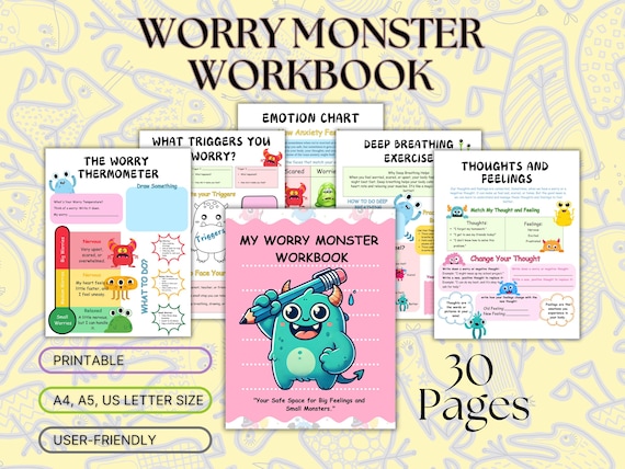 The Worry Monster: Anxiety Workbook for Kids, CBT Worksheets, Coping Skills, School Counseling, Therapy Tools, and Calming Corner Activities