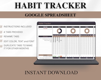 Hoja de cálculo de seguimiento de hábitos Hoja de cálculo de Google Planificador de hábitos diario Semanal Mensual Planificador de objetivos Rastreador de objetivos Lista de tareas diarias digital
