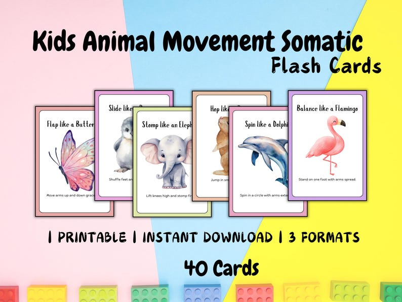 K&ouml;nnte beinhalten: Ein Satz von 40 druckbaren Flashcards mit bunten Illustrationen von Tieren mit Anweisungen, wie man sich wie sie bewegt. Die Karten sind mit "Kids Animal Movement Somatic Flash Cards" betitelt.