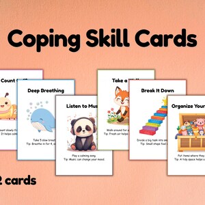 May include: A set of 52 Coping Skill Cards featuring colourful illustrations and text. Each card displays a specific activity like Deep Breathing, Listen to Music, or Organize Your Space, accompanied by a short tip to help manage emotions and daily tasks.