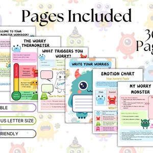 May include: A set of 30 printable worksheets designed to help children manage their worries. The worksheets feature colorful illustrations of monsters and include activities like identifying worry triggers, writing down worries, and creating a worry monster.
