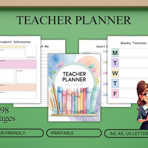 Op de afbeelding: Een lerarenplanner met de titel "Teacher Planner" in grote zwarte letters. De planner bevat secties voor studenteninformatie, wekelijkse roosters en andere organisatietools. De afbeelding bevat ook de tekst "98 Pagina's", "Gebruiksvriendelijk", "Afdrukbaar" en "A4, A5, US LETTER".
