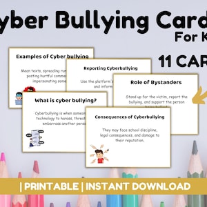 Puede incluir: Once tarjetas imprimibles con ilustraciones coloridas y texto sobre el ciberacoso. Las tarjetas incluyen ejemplos de ciberacoso, cómo denunciar el ciberacoso, el papel de los espectadores y las consecuencias del ciberacoso. El texto de las tarjetas dice "Cyber Bullying Cards for Kids" y "11 CARDS".