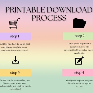 May include: A four-step printable download process is illustrated with icons. Step 1: Add to cart. Step 2: Payment complete. Step 3: Access file. Step 4: Print.