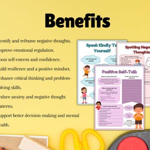May include: A set of printable worksheets for children to help them identify and reframe negative thoughts, build resilience, and practice positive self-talk. The worksheets feature colorful illustrations and prompts for children to complete.