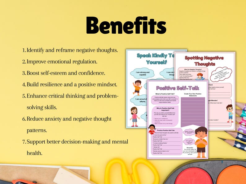 May include: A set of printable worksheets for children to help them identify and reframe negative thoughts, build resilience, and practice positive self-talk. The worksheets feature colorful illustrations and prompts for children to complete.