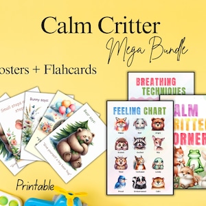 Mega Bundle Calm Critter, Poster sur la régulation des émotions, Cartes-éclair, Tableau des sentiments, Techniques de respiration, Affirmations, Coin calme pour les enfants