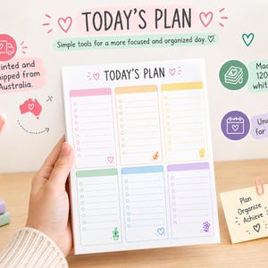May include: A white daily planner notepad titled TODAY'S PLAN with six colourful sections, each featuring a checklist and small illustrations like a heart, flower, and plant. The notepad has a clean layout for organising tasks and daily goals.