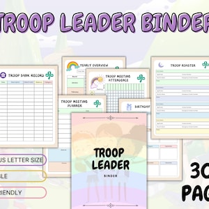May include: A printable Troop Leader Binder with over 30 pages, including a Troop Bank Record, Yearly Overview, and Troop Meeting Planner. The binder is available in A4, A5, and US Letter sizes. The cover features the text "Troop Leader Binder".