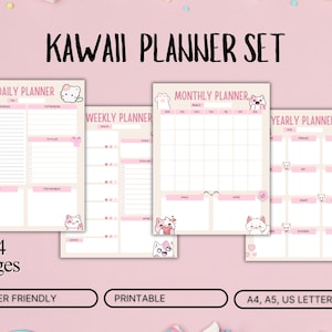 Puede incluir: Un conjunto de planificadores Kawaii con plantillas diarias, semanales, mensuales y anuales en cuatro páginas. El diseño utiliza beige claro y rosa con ilustraciones de gatos. El texto incluye "User Friendly", "Printable" y "A4, A5, US LETTER".