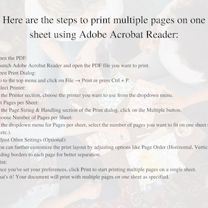 May include: A step-by-step guide on how to print multiple pages on one sheet using Adobe Acrobat Reader. The instructions include opening the PDF, selecting the printer, setting pages per sheet, and adjusting other settings.