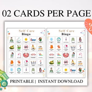 May include: Two printable self-care bingo cards with a pink and white color scheme. Each card has a 5x5 grid with images and text representing self-care activities. The text at the top of the cards reads "Self Care Bingo". The text at the bottom of the cards reads "Printable | Instant Download".