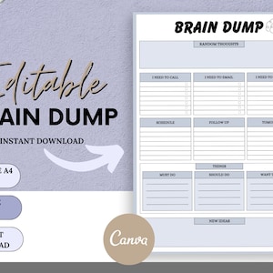 Op de afbeelding: Een printbare brain dump-planner met secties voor willekeurige gedachten, dingen om te doen en nieuwe ideeën. De planner is ontworpen om je te helpen je gedachten en ideeën te organiseren.