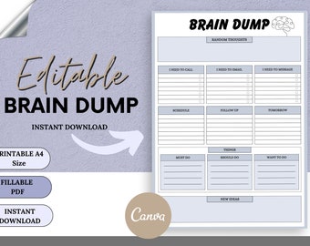 FILLABLE Brain Dump Journal Productivity Planner, Thought Organizer, Printable ADHD Thought Journal,  Editable  Organization planner