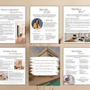 May include: A collection of informational real estate guides with headings like "Welcome to Your Home," "Meet the Realtor," and "Why Buy a Home?" The guides feature text, images of homes, and a photo of a realtor.