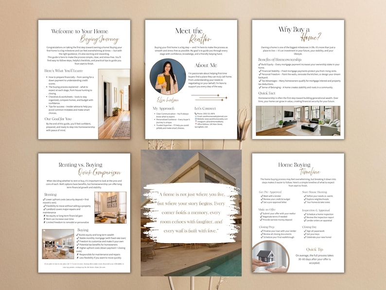 May include: A collection of informational real estate guides with headings like "Welcome to Your Home," "Meet the Realtor," and "Why Buy a Home?" The guides feature text, images of homes, and a photo of a realtor.