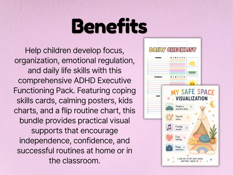 Kids executive functioning printable bundle with habit trackers and visual routines.