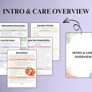 May include: A collection of printable planner pages with the title "Intro & Care Overview." The pages cover topics such as dementia stages, care goals, caregiver roles, and how to use the planner. The design includes pastel colors and floral accents.