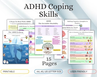 ADHD Executive Functioning And Coping Skills Journal, Teens Mental Health, Psychoeducation Worksheets, adhd visual aids adhd therapy,